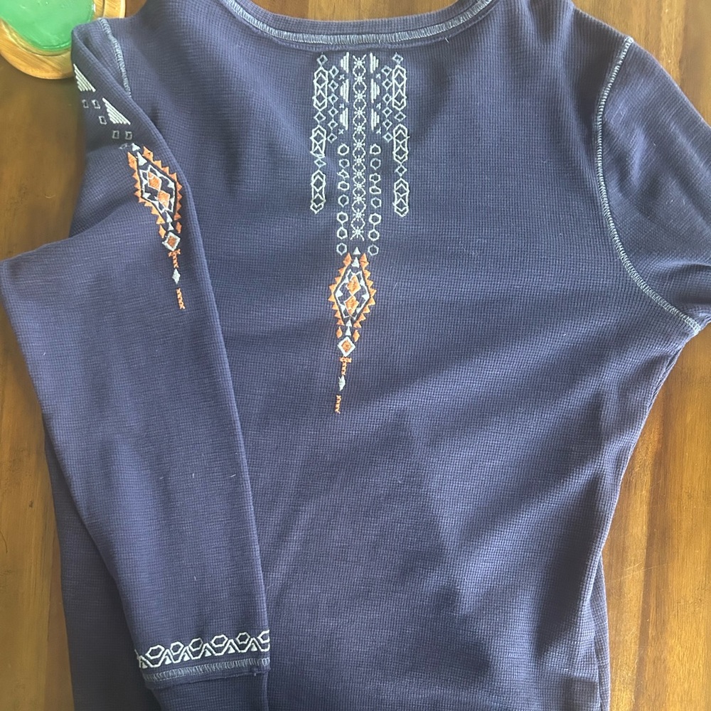 Sundance XL Henley, Navy Long Sleeve Top with embroidery.